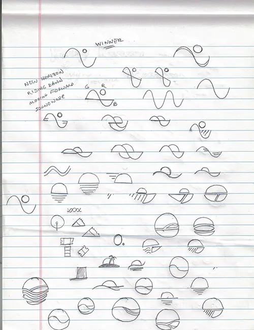Several hand-drawn, shape-based and abstract art forms for a logo design created using pencil and paper.