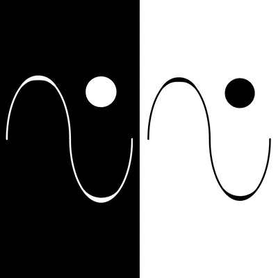 A soundwave with an upper and lower curved crest along with a circle to the right of the upper crest and above the bowl curve of the lower crest.