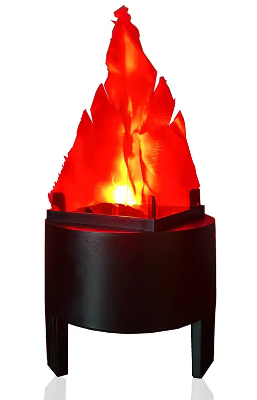 A lamp made from a red led light and a piece of fabric which flaps in the wind creating an effect of a flame.