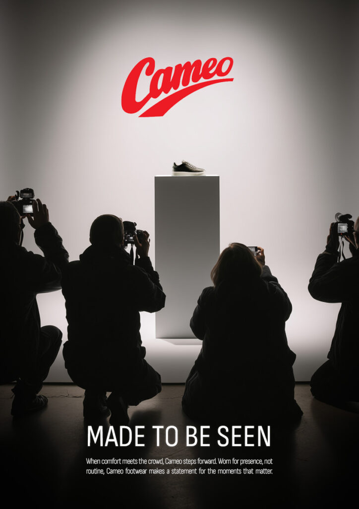 Cameo Footwear: Made to be Seen Several photographers gather around a pedastal with a shoe on top with the heading 'Cameo' and the subheading at the bottom 'Made to be Seen.'