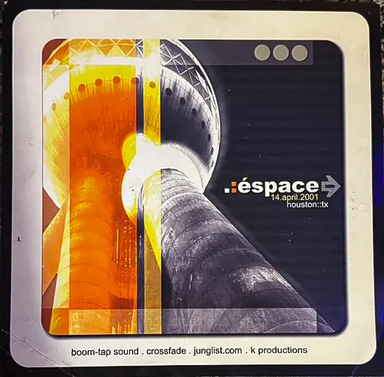 A quarter page flyer with a water tank in negative space and the words espace, 14 april 2001 houston, tx in the middle right. At the bottom the text boom-tap sound, crossfade, junglist.com and k productions.
