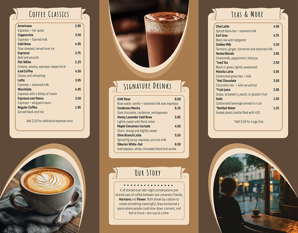 Olive Branch Coffee Inside Menu The inside of a tri-fold brochure for a concept coffeehouse named Olive Branch Coffee.