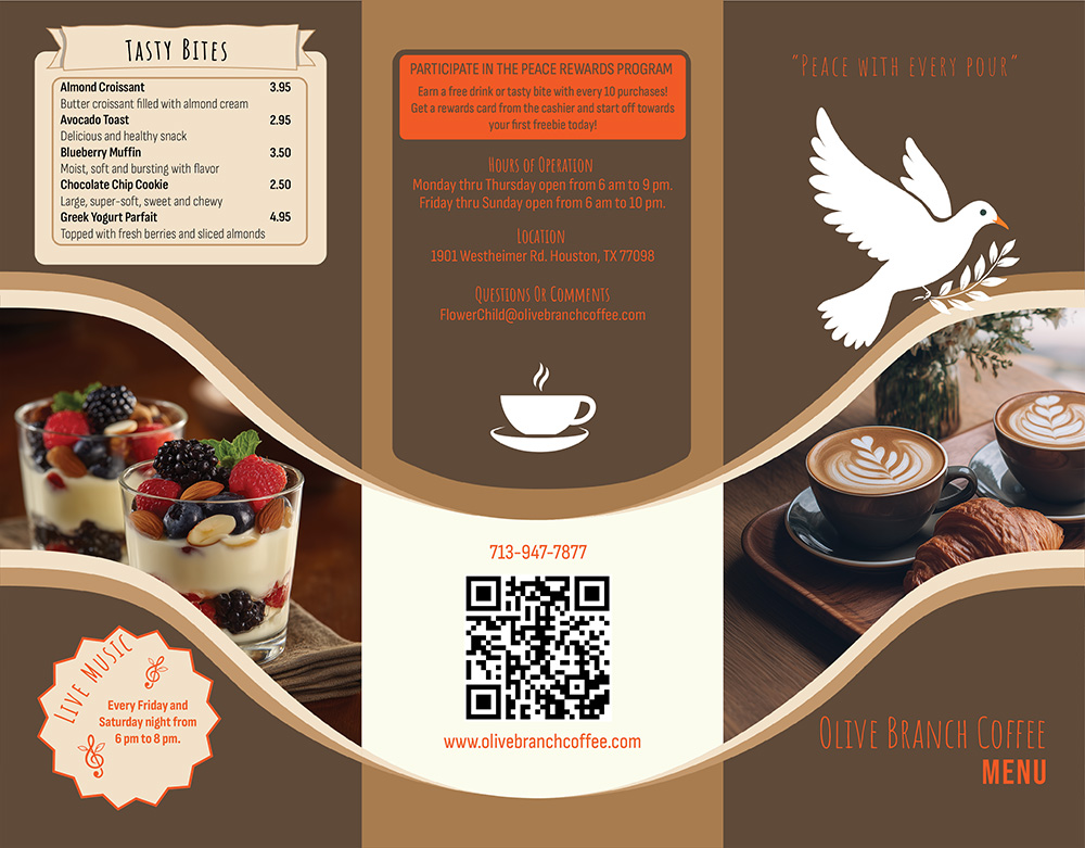 Olive Branch Coffee Menu Front The front side of a tri-fold brochure for a concept coffeehouse named Olive Branch Coffee.
